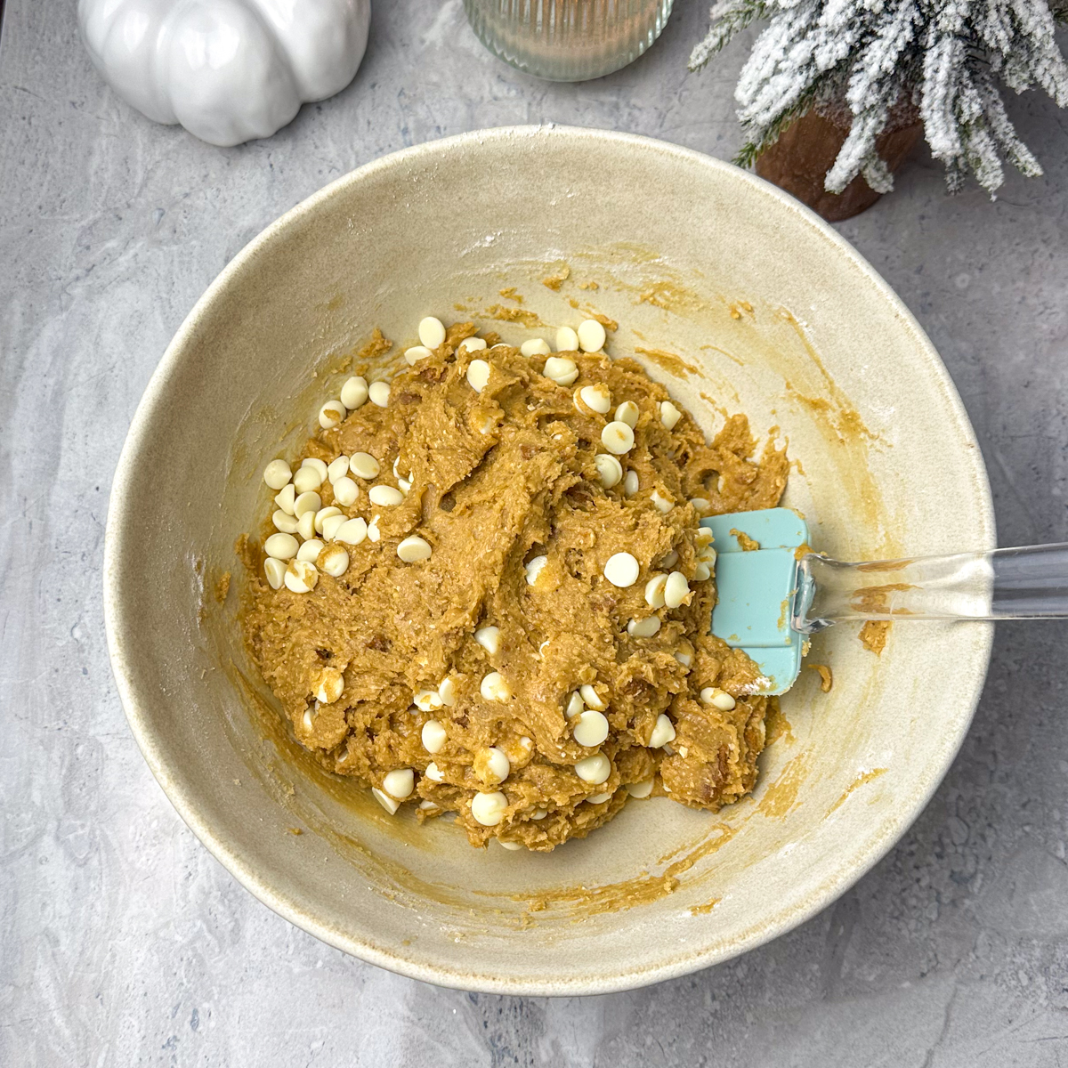 Add in dry ingredients & white chocolate chips, mix well!