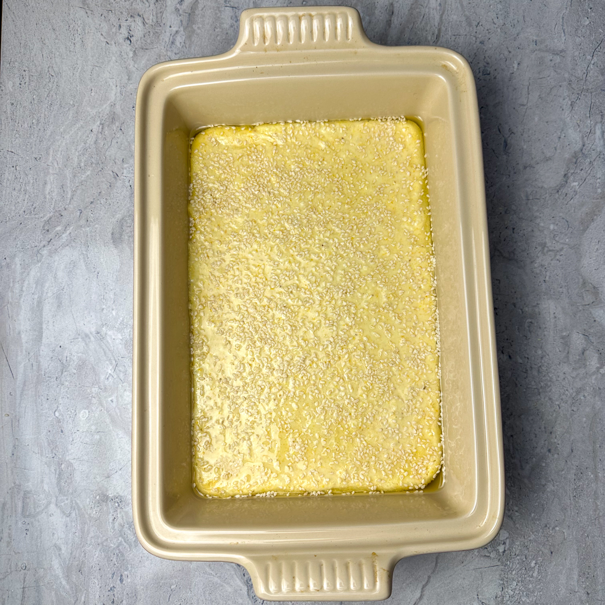Pour into a baking dish & sprinkle with sesame seeds!