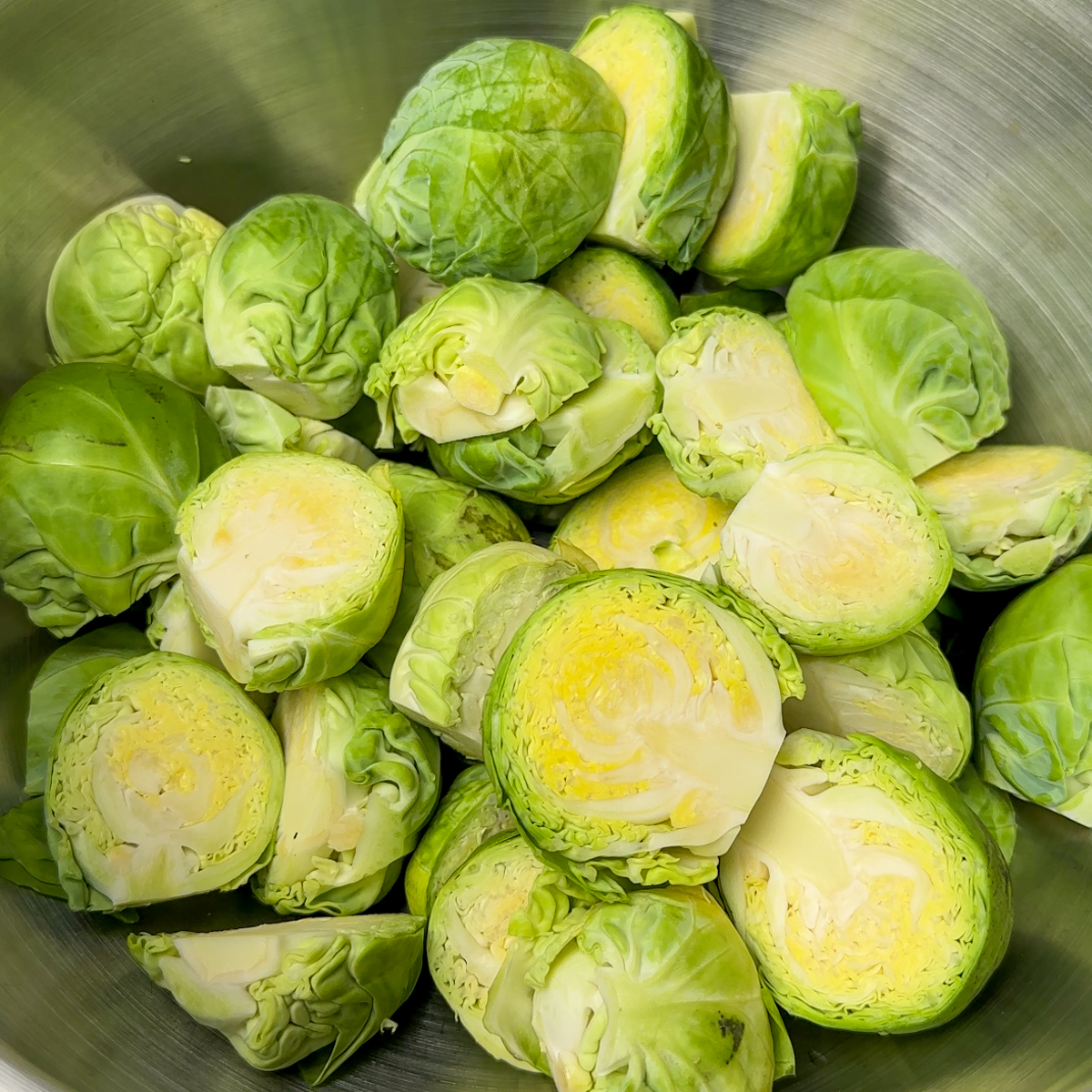Wash, dry & cut the sprouts in half!