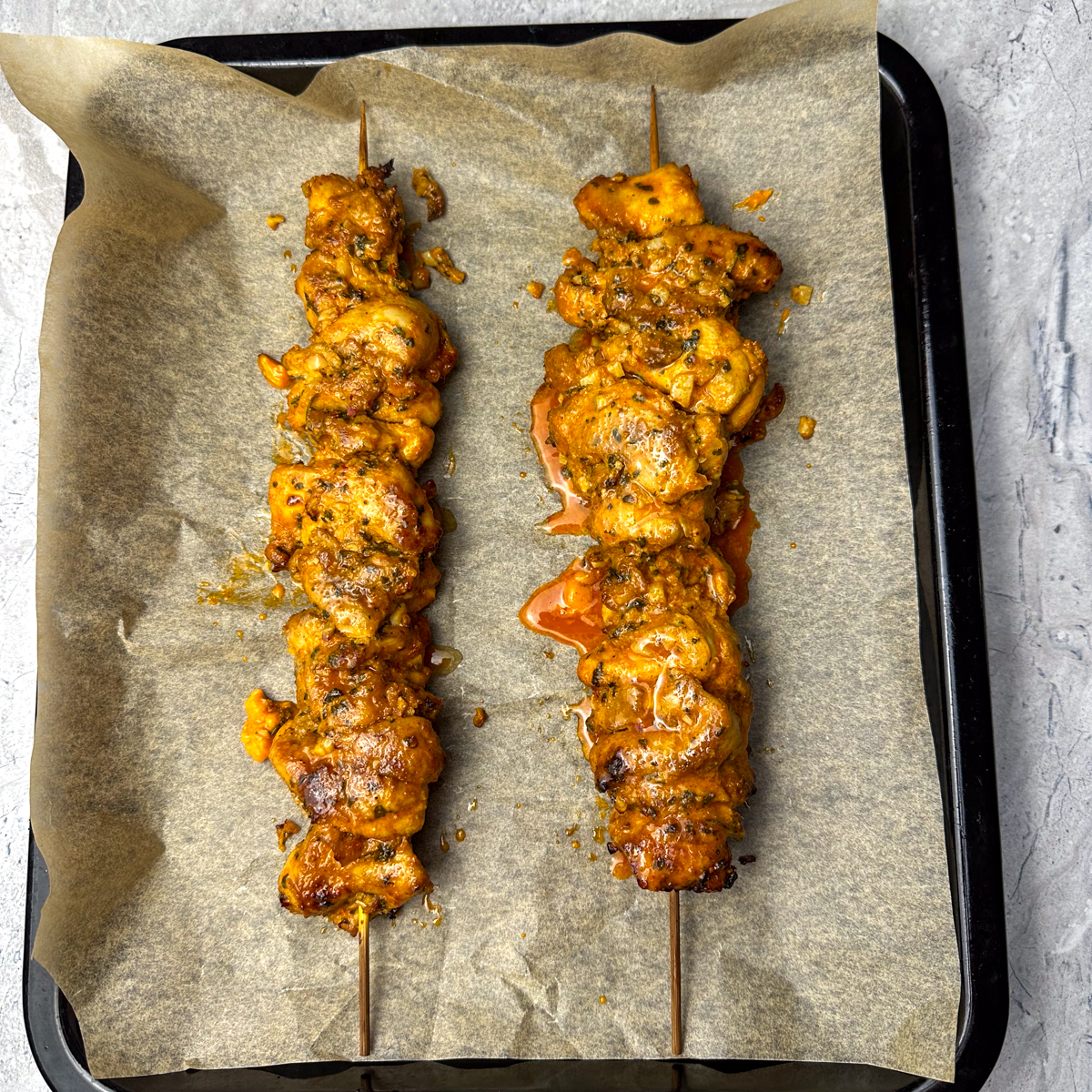 Slide them onto soaked, wooden skewers & bake for 20 minutes!
