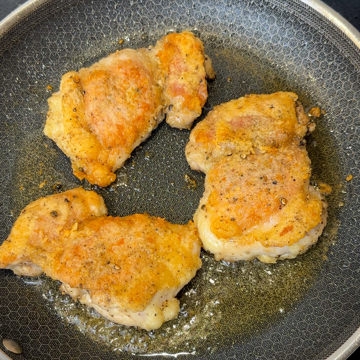 Pan fry the chicken coated in corn starch!