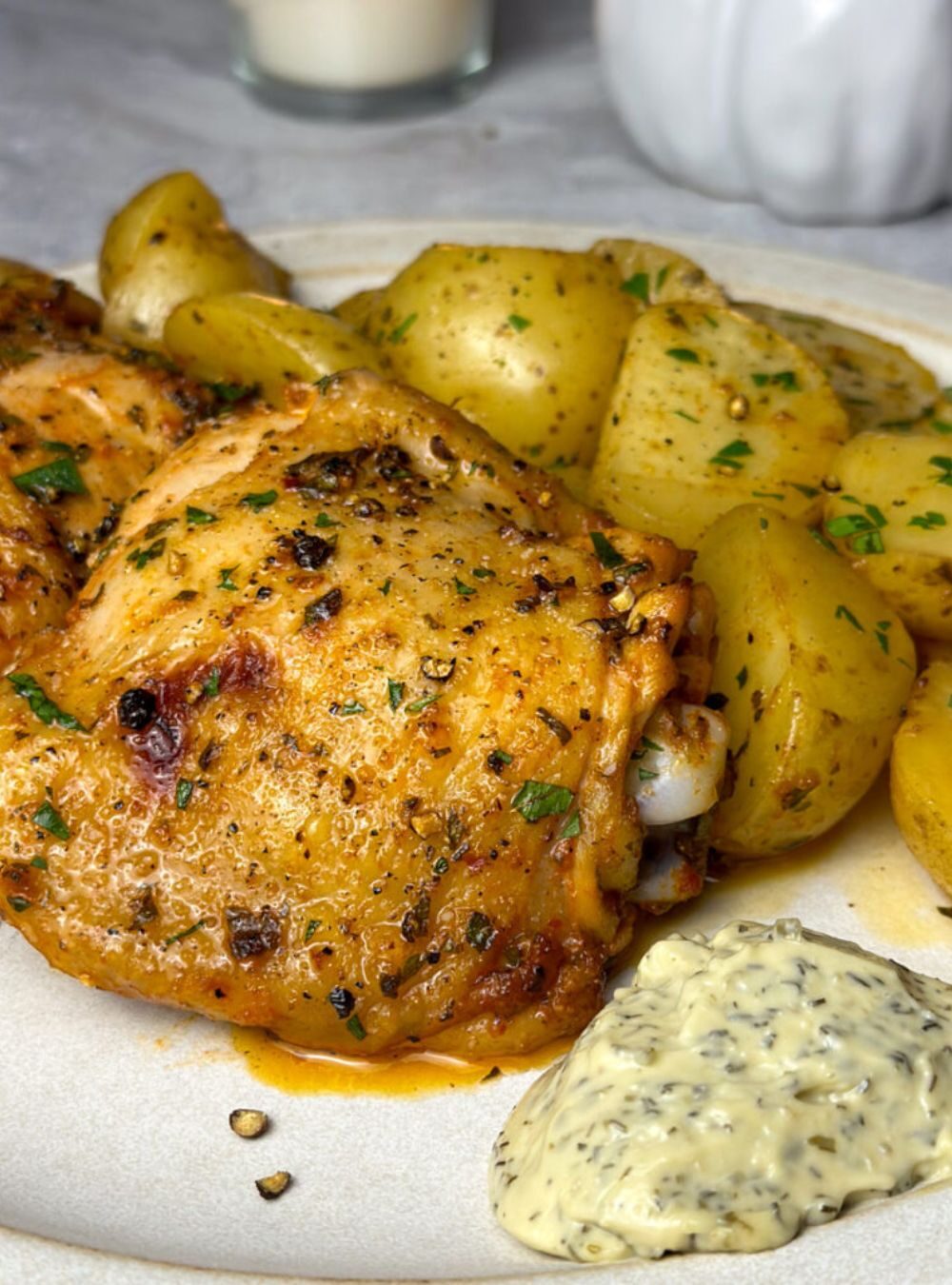 roasted mediterranean chicken thighs and baby potatoes
