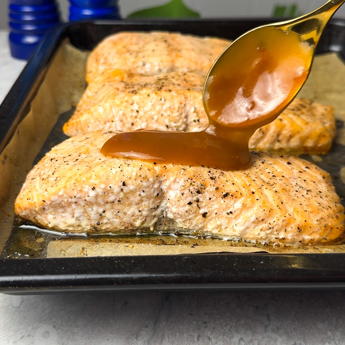 After baking for 15 minutes, add the sauce & broil for 5 more minutes to caramelize!