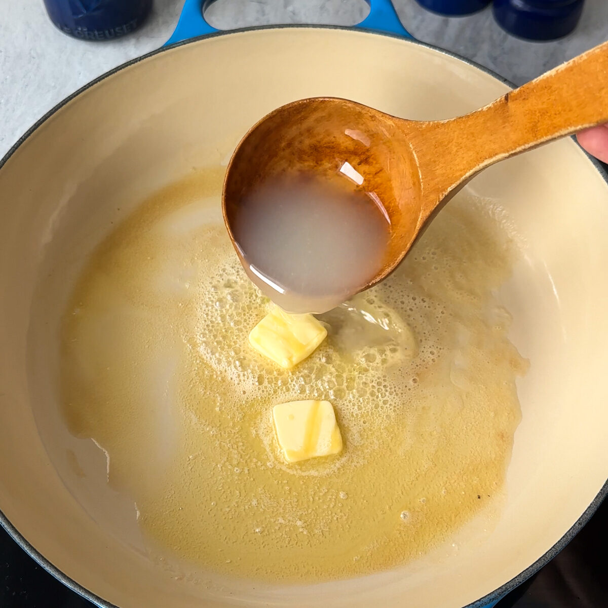 To a large skillet melt butter & add the pasta water!