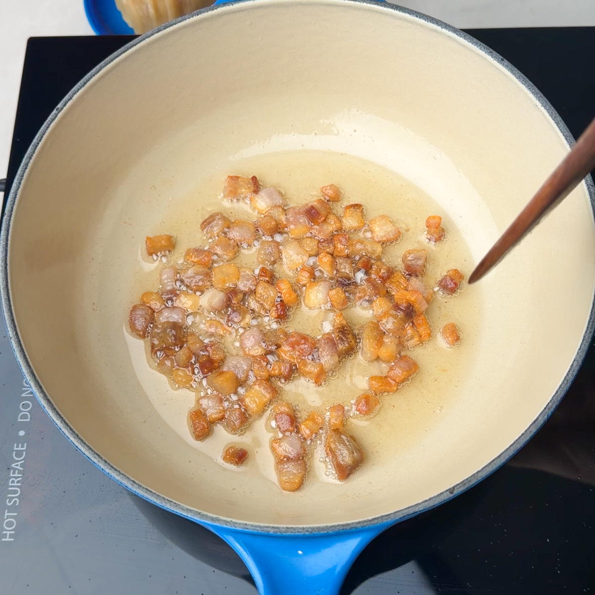 Fry the pancetta until crispy & golden, & set aside!