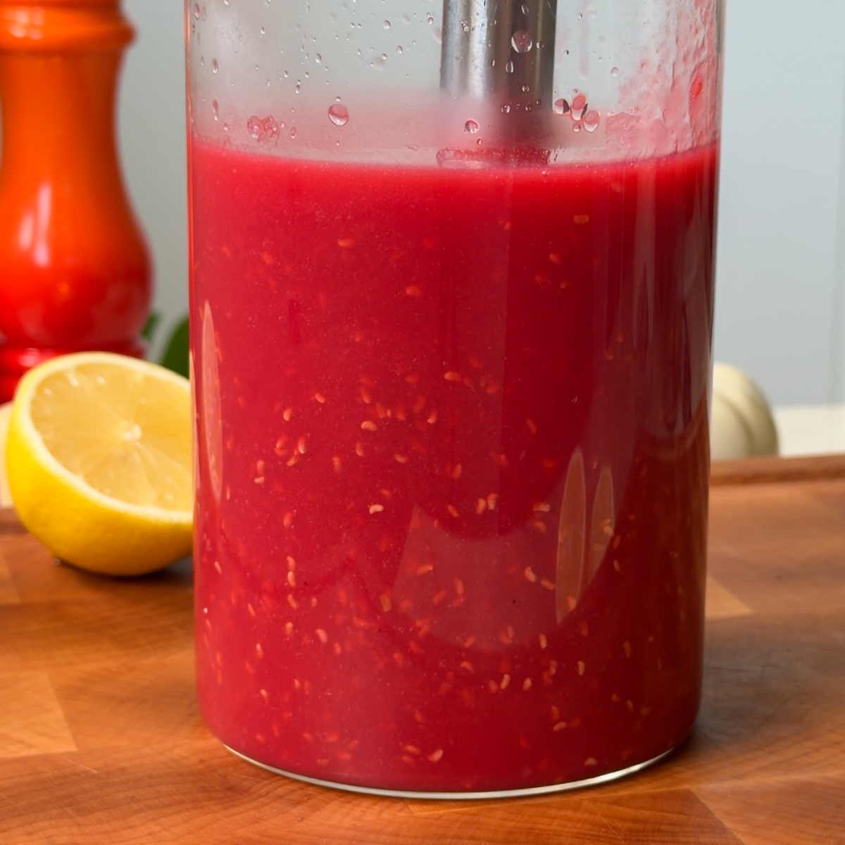 When the raspberry syrup has cooled, blend it!