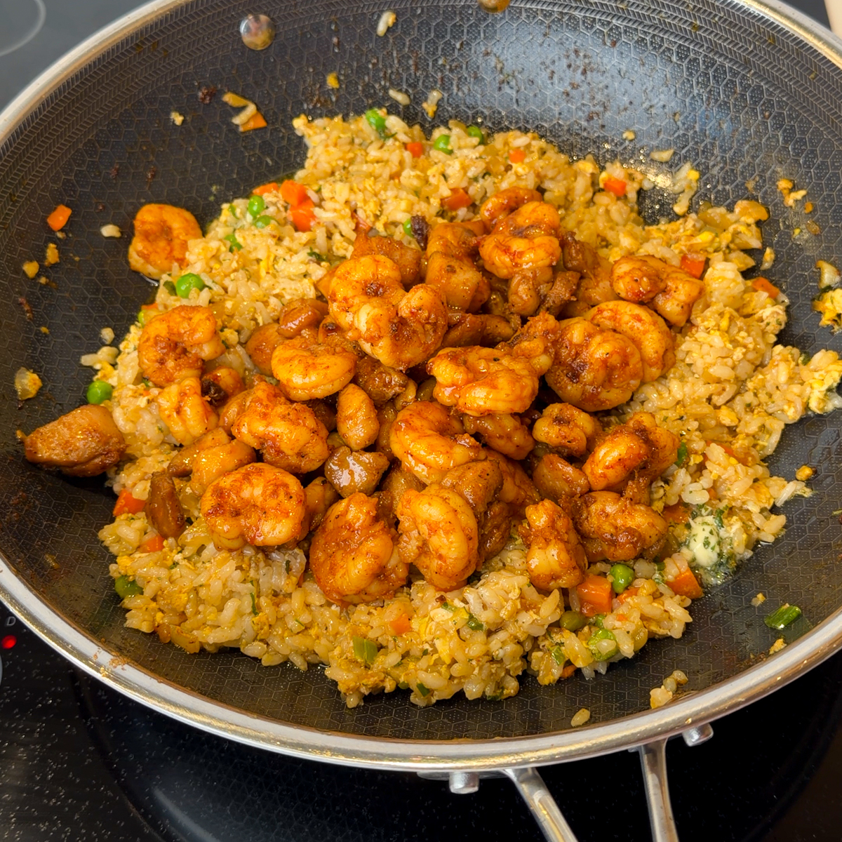Add the chicken & shrimp back in & mix altogether to serve with the yum yum sauce!