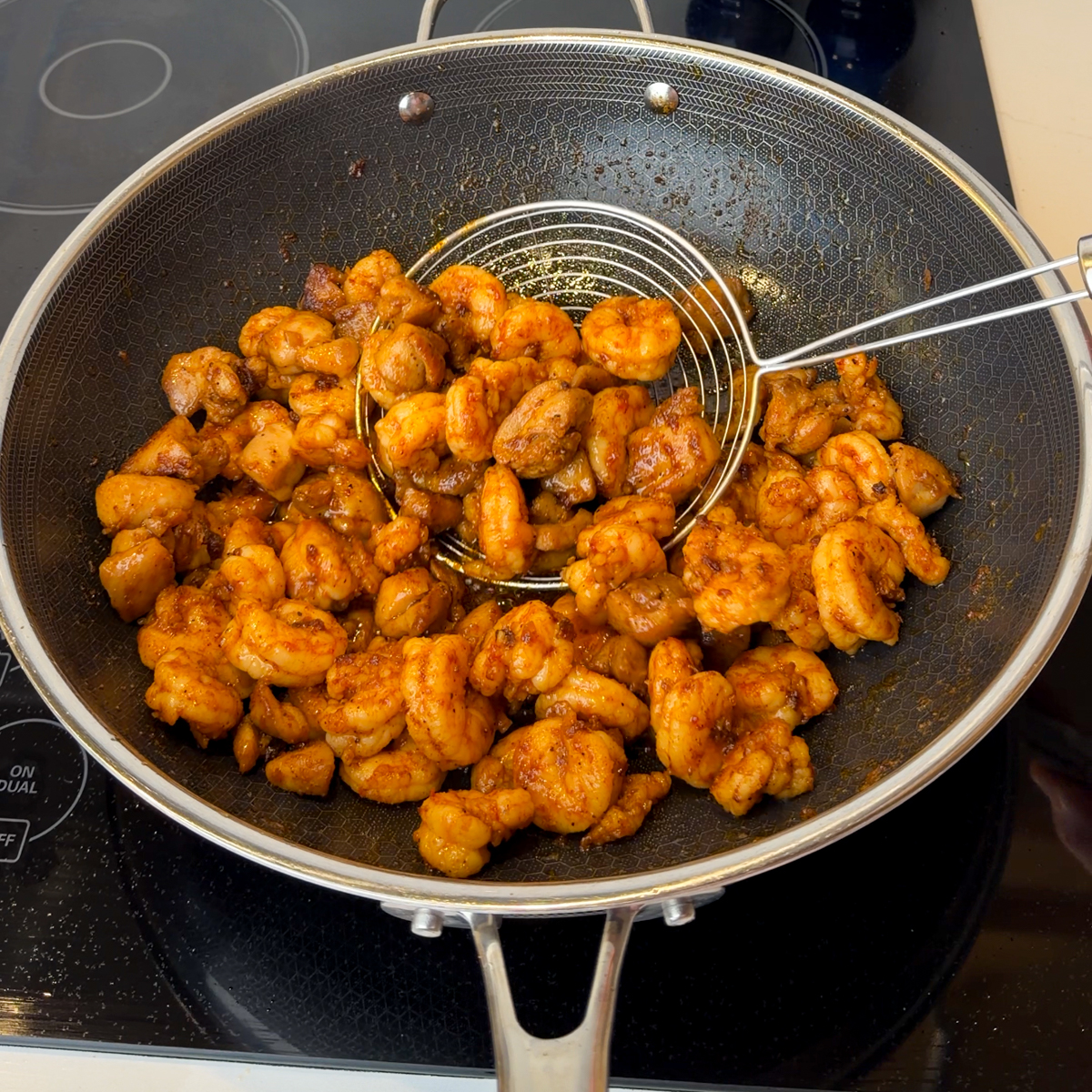Fry the shrimp & chicken till fully cooked through & set aside!